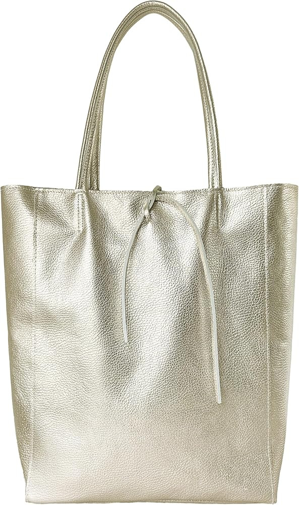 Italian Metallic Calf Leather Tote Bag for Women with Zipper, Inner Pocket & Flat Base | Soft Unl... | Amazon (US)
