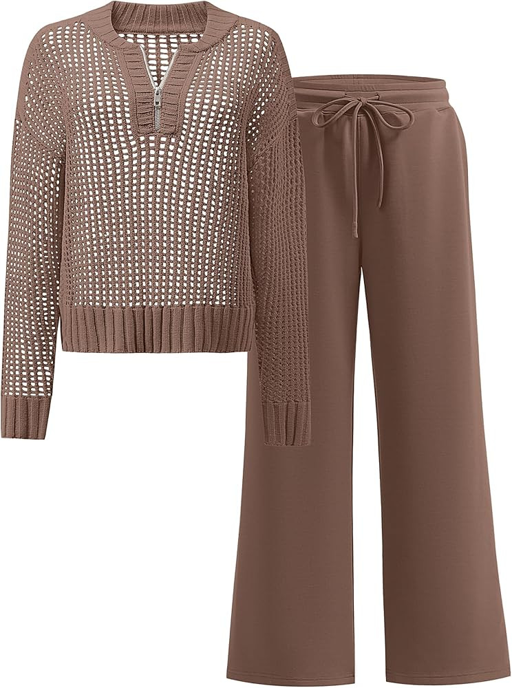 ANRABESS Womens 2 Piece Outfits Crochet Knit Half Zip Sweater Top | Amazon (US)