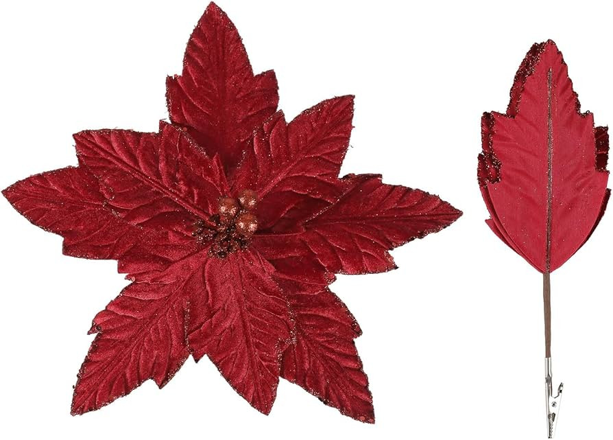 SHACOS 10 pcs 10.5" Large Glitter Poinsettia Flowers Stems Clips Velvet Floral Picks Christmas Fl... | Amazon (US)