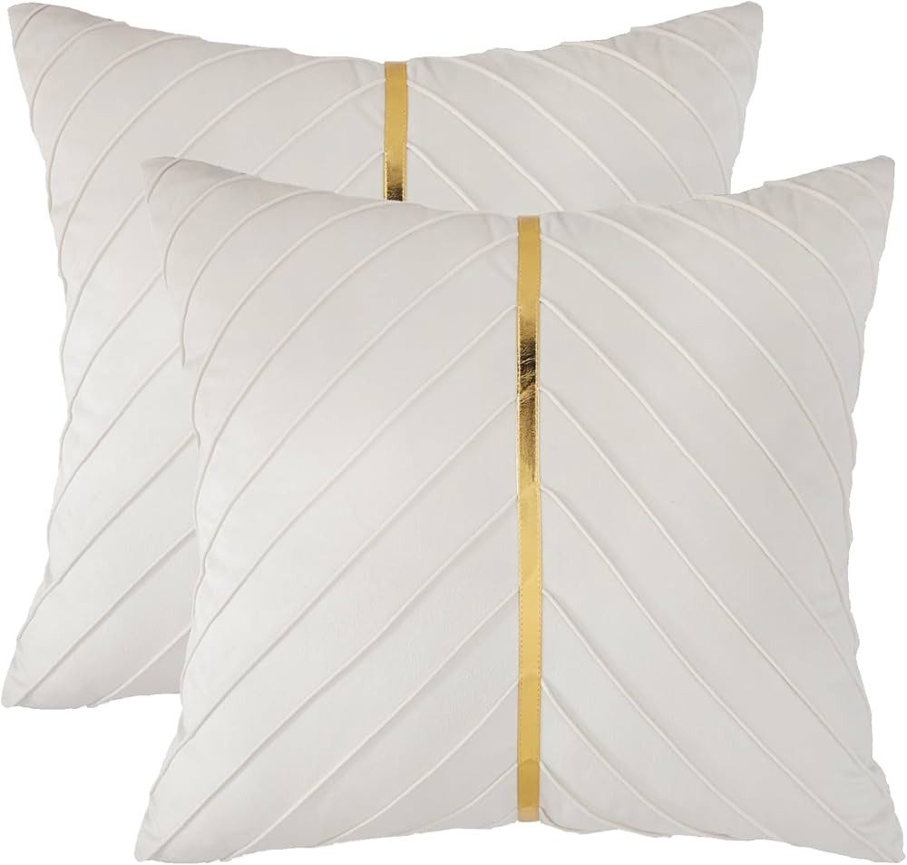 Tosleo Beige Velvet Throw Pillow Covers 16x16 Pack of 2 with Gold Leather,Decorative Couch Pillow... | Amazon (US)