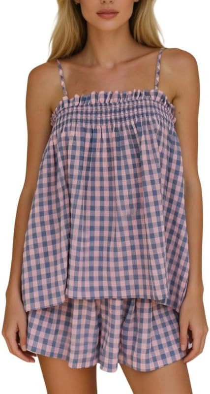 ROAONOCOMO Women Gingham 2 Piece Pajama Set Flowy Peplum Babydoll Cami Top Wide Leg Shorts Sets S... | Amazon (US)