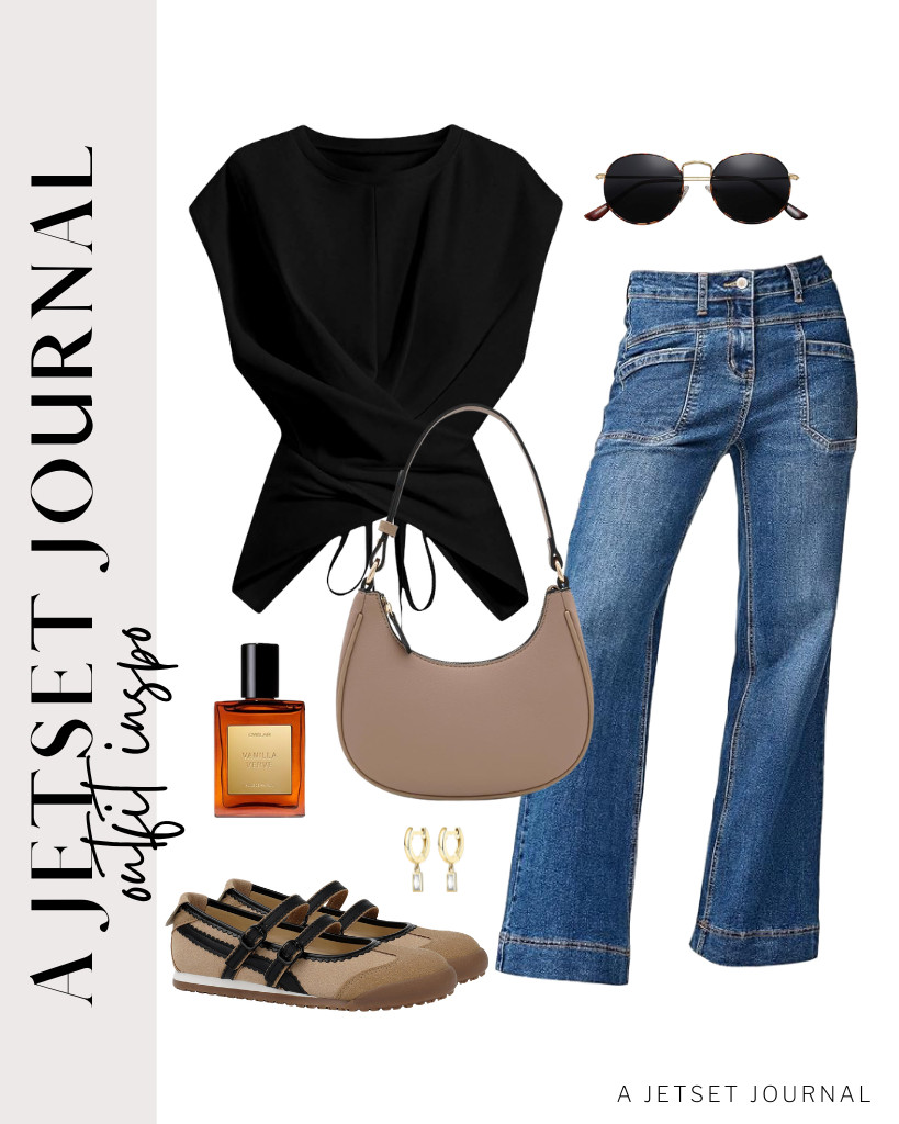 We love this combo of a black SOLY HUX asymmetrical wrap top and EVALESS bootcut jeans. This small crescent shoulder bag plus Tigeridea Mary Jane Sneakers go well with this outfit. Complete this look with PAVOI huggie hoop earrings.

#LTKSeasonal #LTKSaleAlert #LTKTravel
 

 