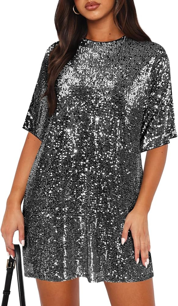 Women's Crew Neck Sequin Dress for Women Sexy V Neck Shirt Dress Sparkly Half Sleeve Loose Party ... | Amazon (US)