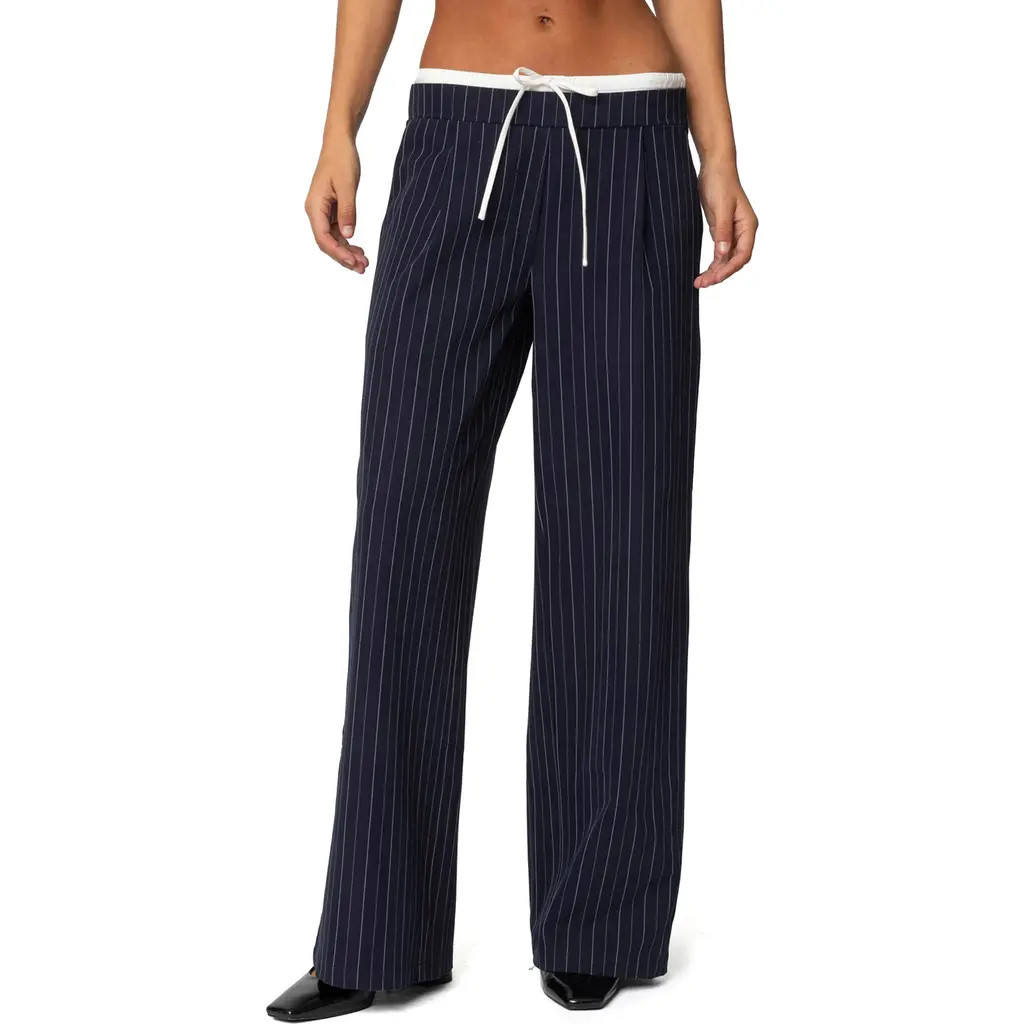 EDIKTED Peekaboo Pinstripe Drawstring Pants in Navy-And-White at Nordstrom, Size Medium | Nordstrom