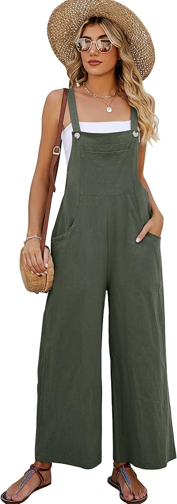 Flygo Womens Cotton Bib Overalls Loose Fit Wide Leg Jumpsuits Casual Rompers with Pockets | Amazon (US)