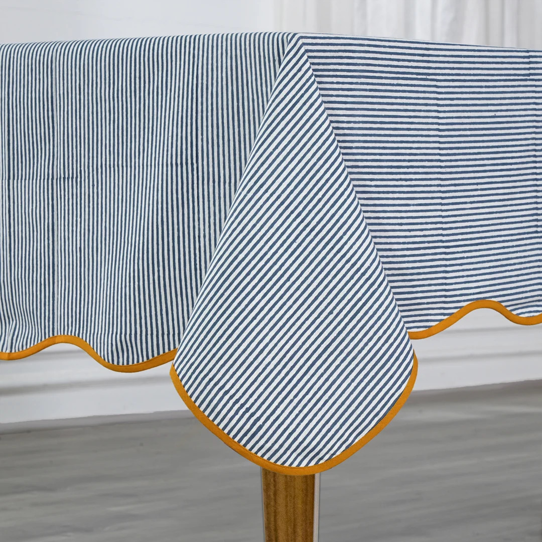 Blue Stripes With Yellow Piping Indian Hand Block Printed Pure Cotton Tablecloth for Farmhouse We... | Etsy (US)