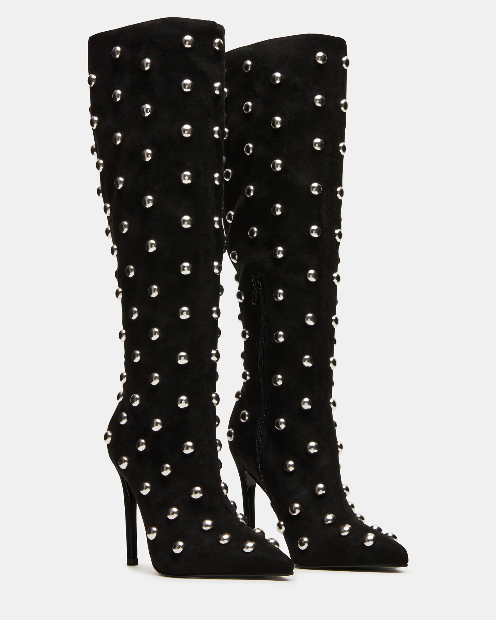 NITRO Black Studs Pointed-Toe Stiletto Heel Knee-High Women's Boots | Steve Madden (US)