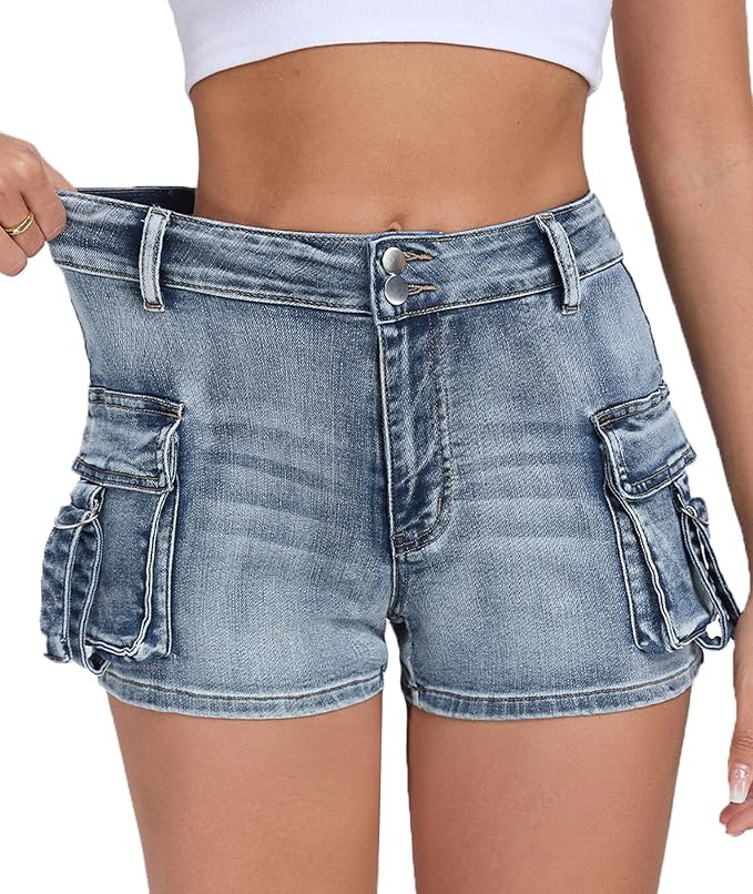 Women's Denim Mini Cargo Shorts Casual Mid Rise High Stretchy Jean Shorts Sexy Booty Shorts with ... | Amazon (US)
