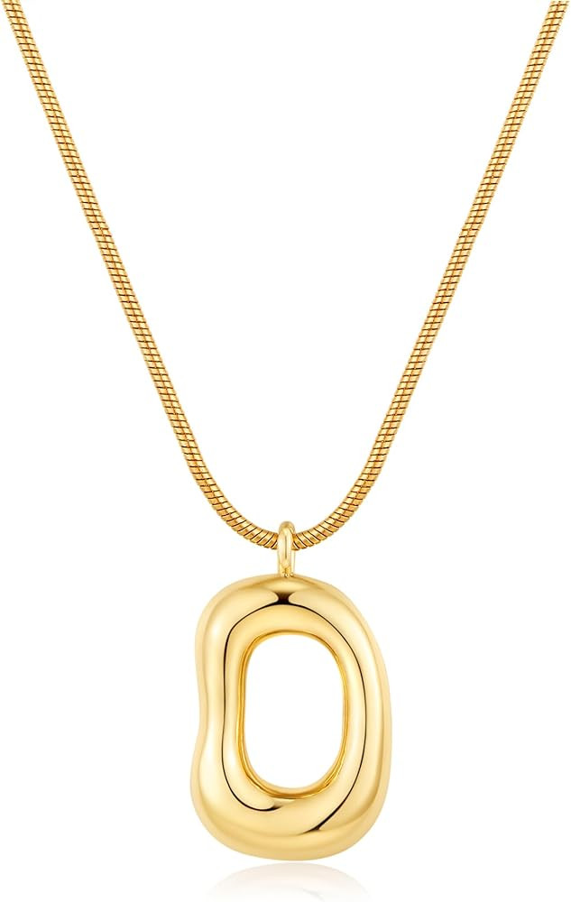 Gold Tone Irregular Oval Pendant Necklace for Women, Minimalist Chunky Snake Chain Necklace, Dain... | Amazon (US)