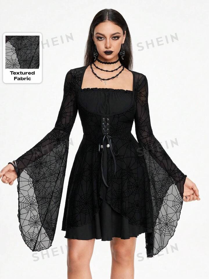 ROMWE Goth Women's Asymmetrical Hem Tie-Up Flare Sleeve Mini Dress With Spiderweb Textured Patchw... | SHEIN