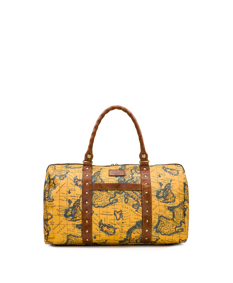 Milano Weekender Duffel Bag - Patina Coated Linen Canvas — European Map Print | Patricia Nash Designs