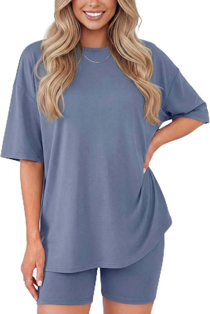ZOOSIXX 2 Piece Sets for Women Summer - Oversized T-Shirt and Biker Shorts Lounge Sets Matching O... | Amazon (US)