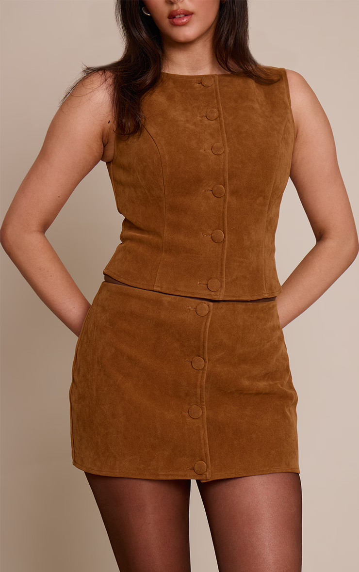 Tan Faux Suede Button Through Mini Skirt | PrettyLittleThing UK