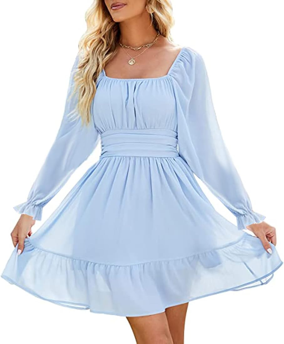 ZAFUL Women's Square Neck Dress Light Blue Dress Baby Blue Dress Long Sleeve Blue Dress With Sleeves | Amazon (US)