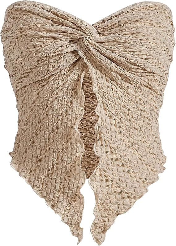 MISSACTIVER Women Twist Knot Front Texture Bandeau Top Sexy Strapless Sleeveless Split Hem Lettuc... | Amazon (US)