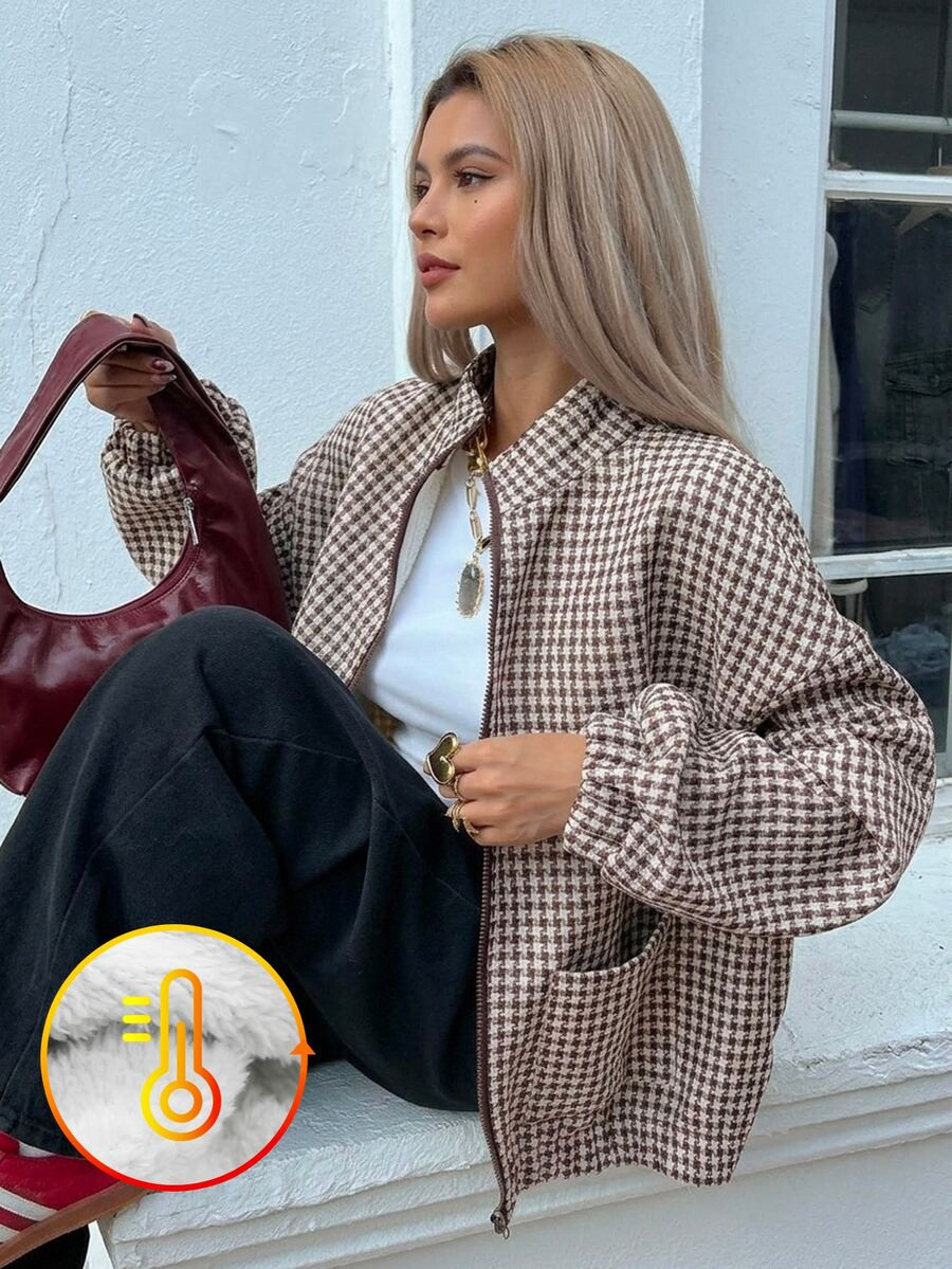 Livesso Autumn Winter Thermal Lined Wool Jacket Loose Business Casual Style Office Wear Fashionable Diamond Geometric Pattern Brown Color Block Patchwork Outdoor Streetwear Women Regular Coat Plaid | SHEIN
