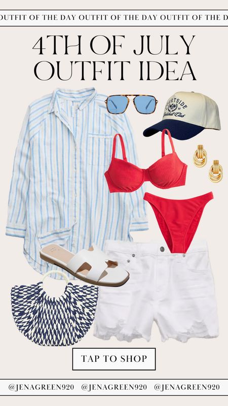 4th of July outfit idea | red white and blue outfit | red bikini | striped linen button down top | white distressed shorts | white slide sandals | blue and white straw tote | gold Amazon earrings | trendy trucker baseball cap | blue aviator sunglasses 

#LTKStyleTip #LTKSwim #LTKSeasonal