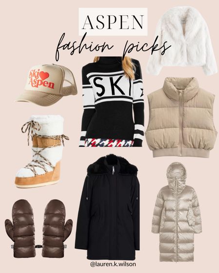 Aspen fashion picks, baseball hat, sweater, crop puffer vest, fur jacket, puffer coat, winter fashion, winter style, mittens, boots 

#LTKfindsunder100 #LTKstyletip #LTKSeasonal
