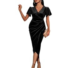 2023 Wrap Ruched Velvet Dress V Neck Short Ruffle Sleeves Long Bodycon Midi Elegant Party Wedding... | Amazon (US)