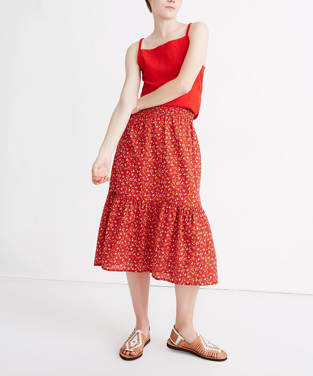 Madewell Women's Casual Skirts CALICO - Calico & Enamel Red Floral Smocked-Waist Tiered Midi Skirt - | Zulily