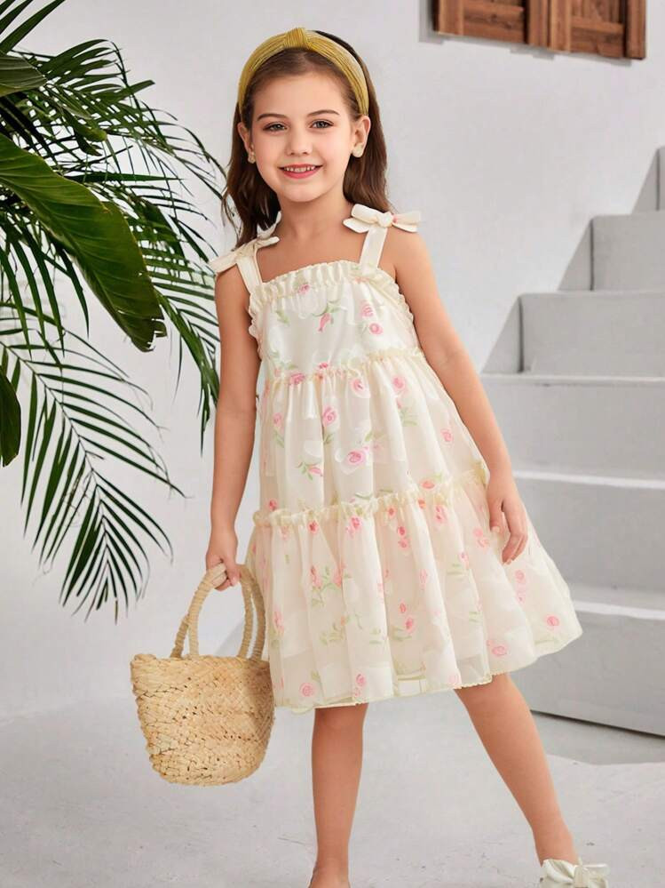 SHEIN Young Girl Summer Chiffon Cake Dress, Sleeveless Ditsy Floral Casual Sweet Princess Dress, New Spring/Summer 2025 Collection | SHEIN