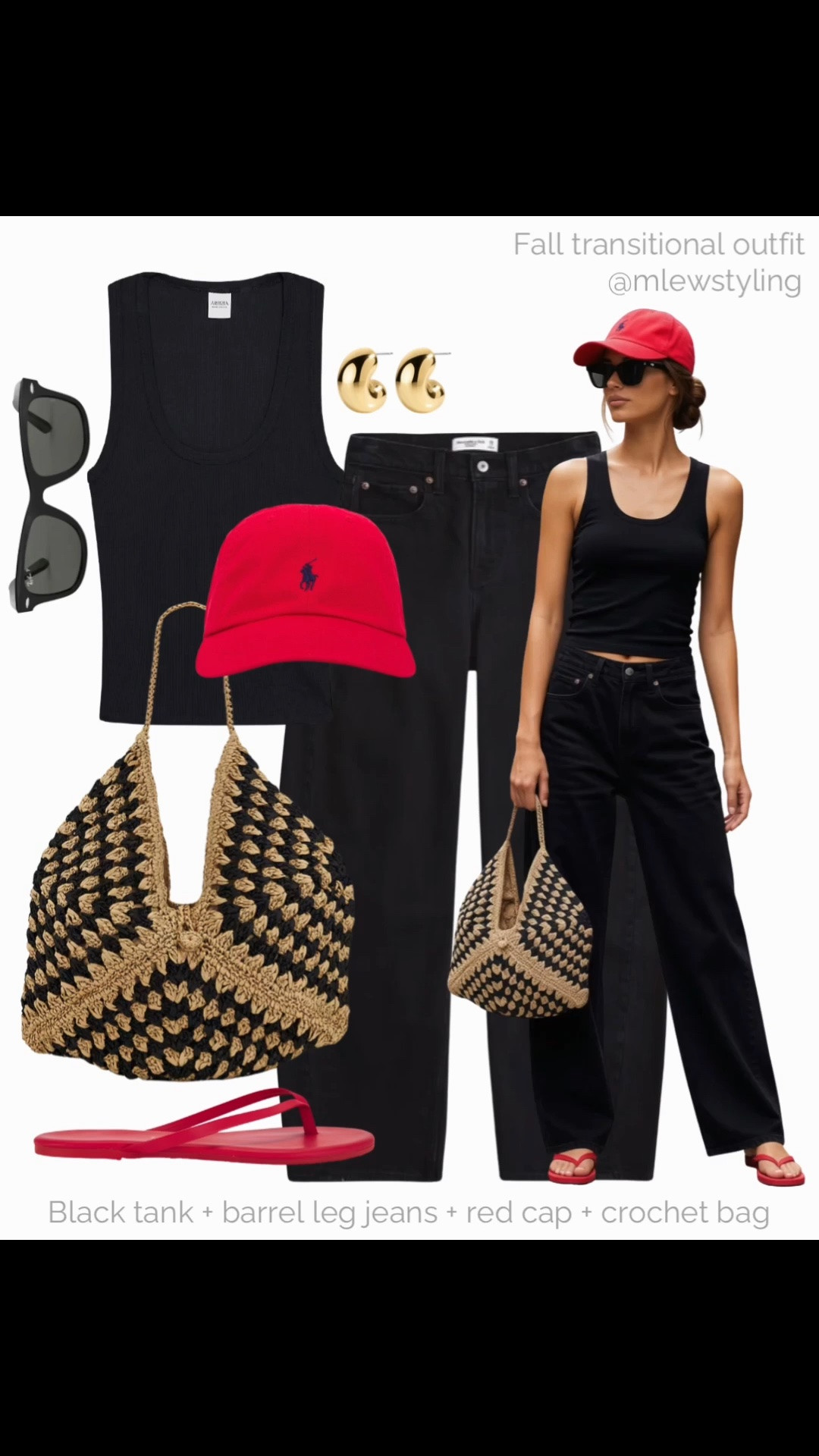 All-black fall transitional outfit with pops of red ♥️

Tags: late summer outfit, black tank top, Abercrombie barrel leg jeans, polo Ralph Lauren red baseball cap, ray-ban wayfarer sunglasses, revolve beach bag, red tkees flip flops, weekend outfit

#LTKfall #LTKjeans #LTKsummer