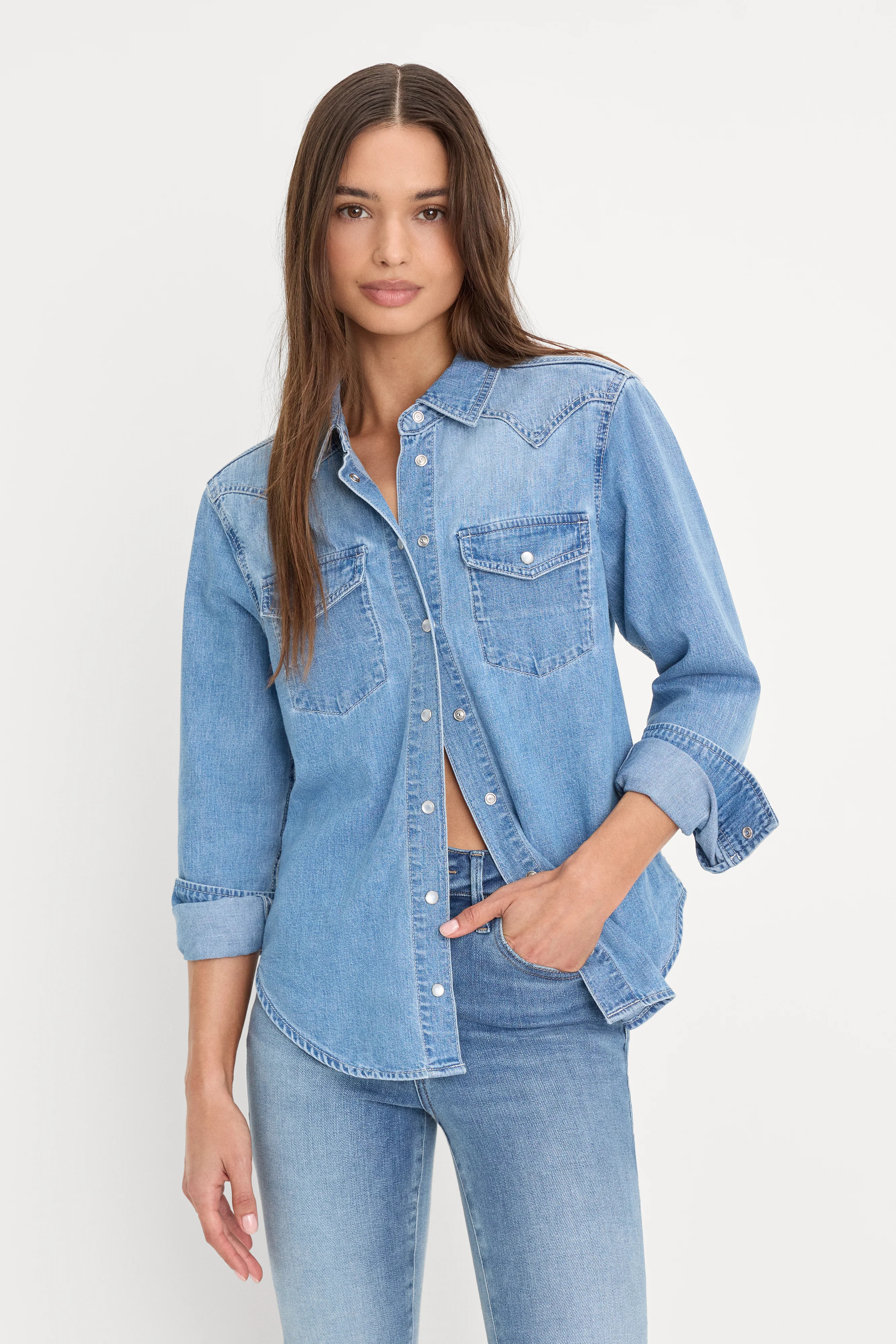 DOLLY SLIM FIT DENIM SHIRT | LIGHT BLUE - GOOD AMERICAN | Good American