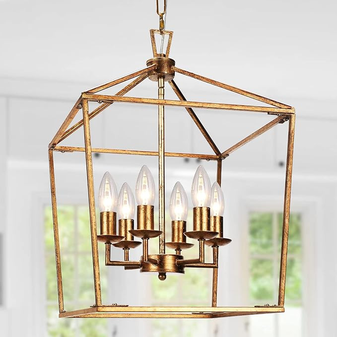 Dicoool Gold Chandelier Lantern Light Fixtures - 6 Light Retro Foyer Pendant Light, Rustic Pendan... | Amazon (US)
