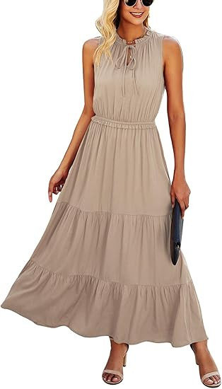 KIRUNDO Summer Women’s Sleeveless Maxi Dress Solid Tie Neck Dress High Waist Ruffle Hem Floral ... | Amazon (US)