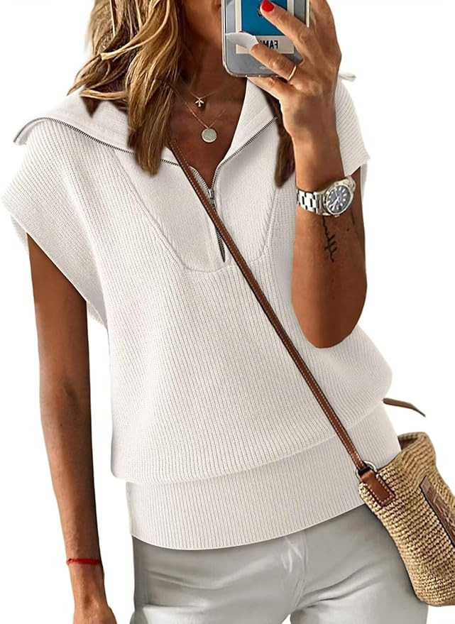 Dokotoo Women's Casual Sleeveless Half Zip Pullover Sweaters Solid V Neck Collar Ribbed Knitted L... | Amazon (US)
