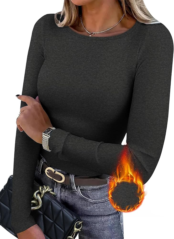 WIHOLL Long Sleeve Thermal Shirt for Women Light Fleece Tops Spring 2025 Crew Neck Casual Basic T... | Amazon (US)