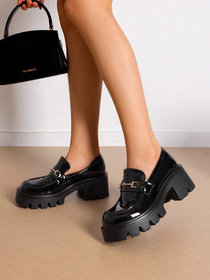 Women Platform Loafers Chunky Heel Slip On Lug Sole Fashion Loafers With Metal Casual Office Business Dressy Shoes | SHEIN