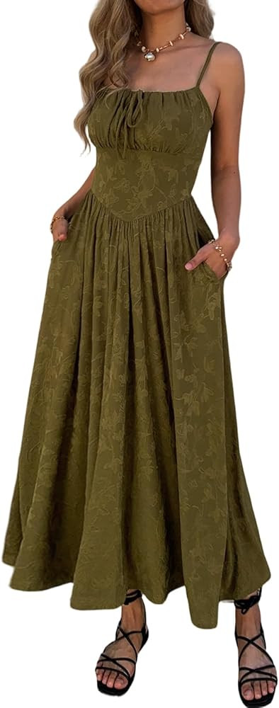Women’s Floral Maxi Dress Spaghetti Strap Sleeveless Summer Dress Tie Front A Line Casual Long ... | Amazon (US)