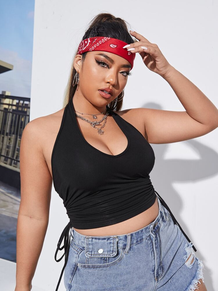 SHEIN EZwear Plus Halter Neck Wrap Drawstring Backless Crop Top | SHEIN