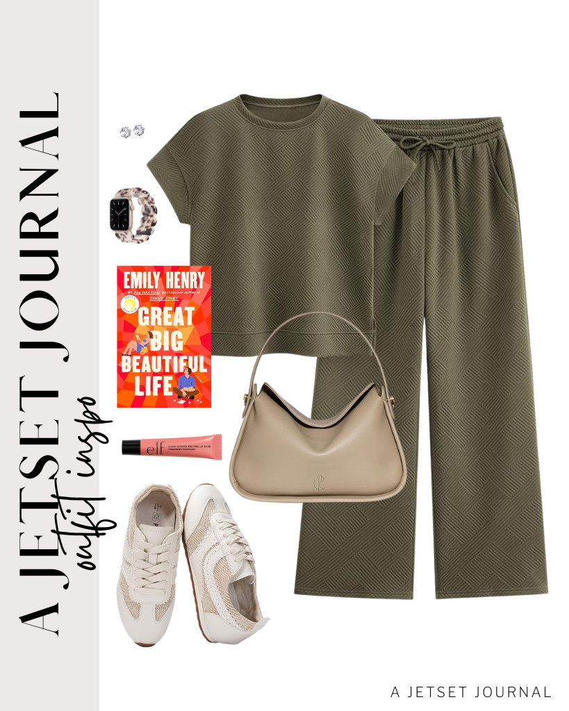 Have you read the book *Great Big Beautiful Life*? I’ve noticed it’s capturing the hearts of many readers since its release. For my final outfit, I styled an army green matching lounge set from PRETTYGARDEN, paired with a Heesch Tortoise stretchy watch band, a handbag, and Project Cloud Leather Barefoot shoes. To complete the look, I applied a quick coat of e.l.f. Glow Reviver Melting Lip Balm. 

 #LTKSeasonal #LTKSaleAlert #LTKTravel