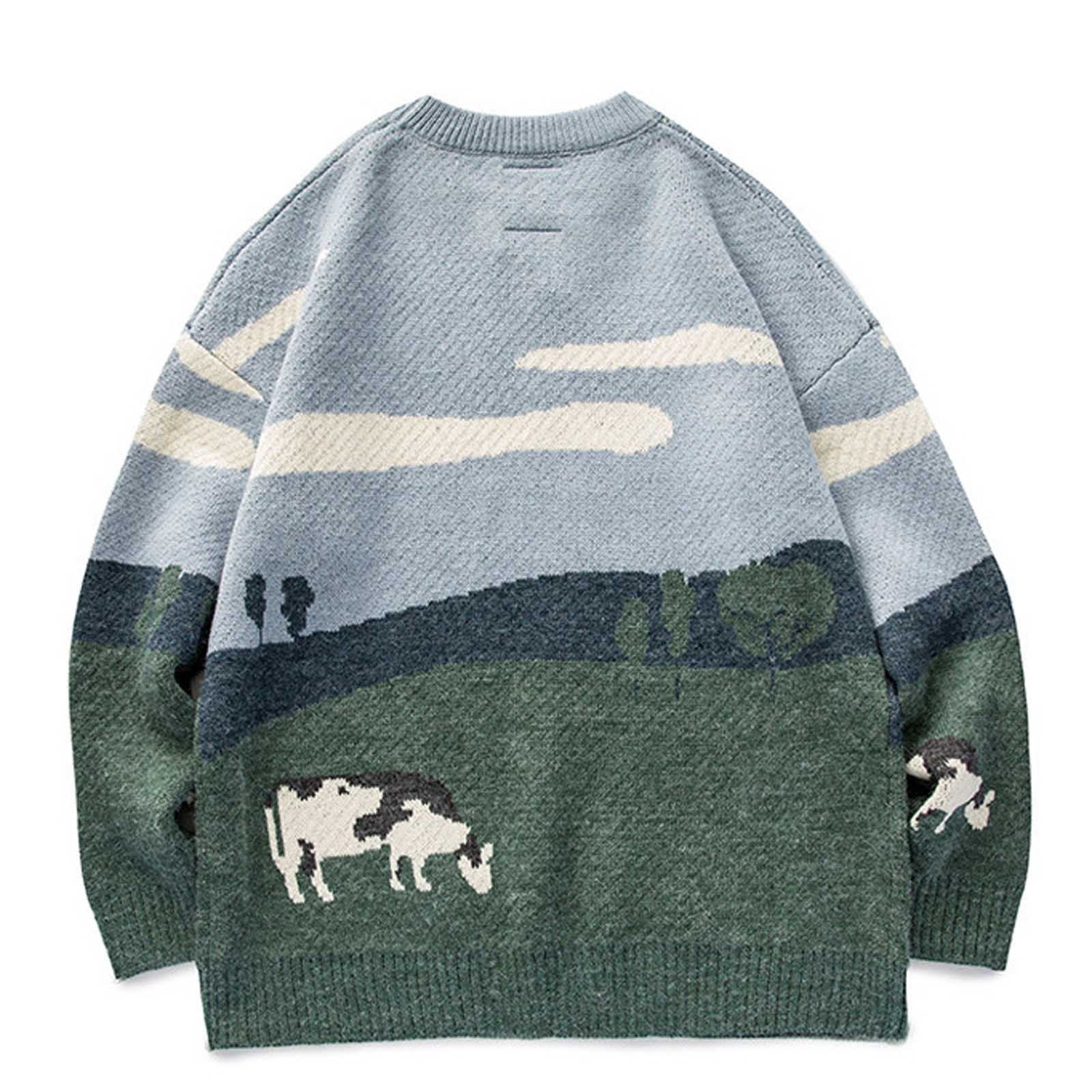 Lolmot Mens Cow Grassland Sweater Vintage Oversize Knitted Sweater Long Sleeve Round Neck Knitted... | Walmart (US)