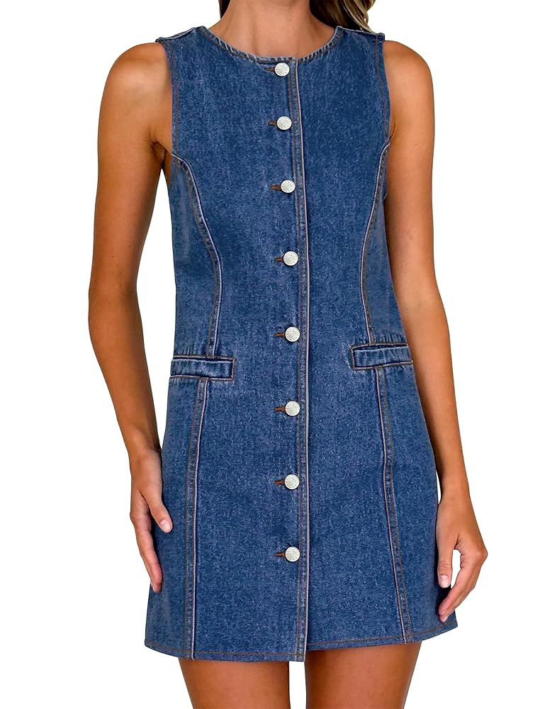 Women's Denim Dress Jean Sleeveless Button Down Shirt Mini Tank Casual Summer Dresses with Pocket... | Amazon (US)