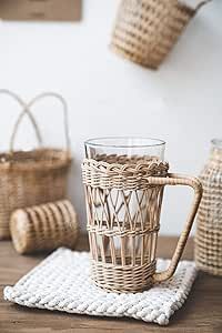 RISEON Vintage Rustic Hand-Woven Bamboo Rattan Cup Holder Coasters Drink Holder Stand Clear Glass... | Amazon (US)