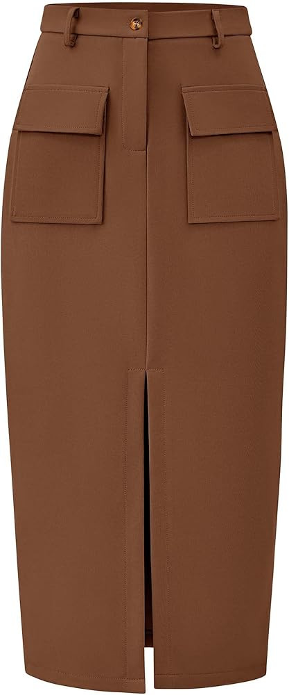KIRUNDO Midi Skirts for Women Fall High Waisted Cargo Trendy Pencil Slit Dressy Casual Business W... | Amazon (US)