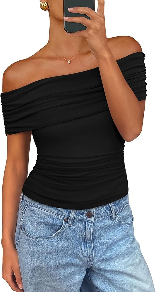 PRETTYGARDEN Off The Shoulder Tops for Women 2025 Summer Short Sleeve Ruched Slim Fit Shirts Blou... | Amazon (US)