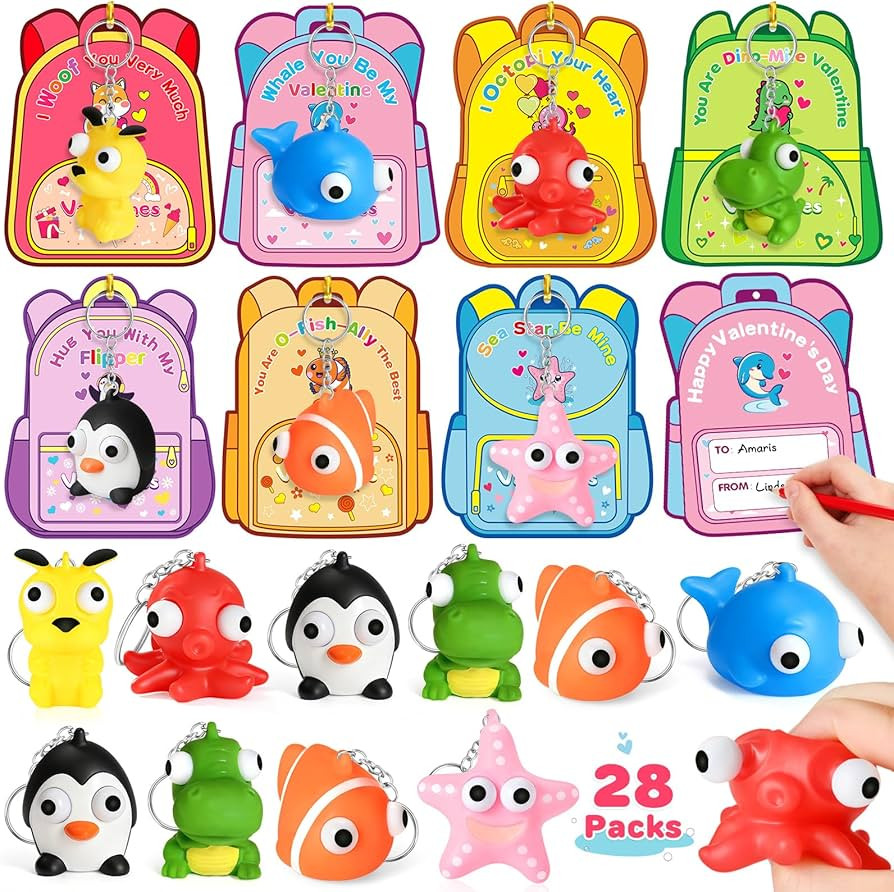 Valentines Day Gifts for Kids, 28 Packs Valentine's Cards with Squeeze Popping Eyes Animal Keycha... | Amazon (US)