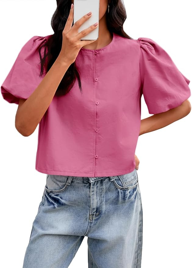 Tankaneo Womens Cropped Tops Puff Sleeve Button Down Shirts Trendy Casual Loose Fit Cute Blouse | Amazon (US)