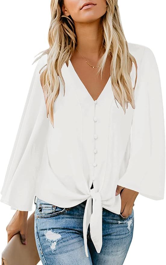 luvamia Women's V Neck Button Down Shirts Casual Long Sleeve Tie Knot Tops Blouses | Amazon (US)