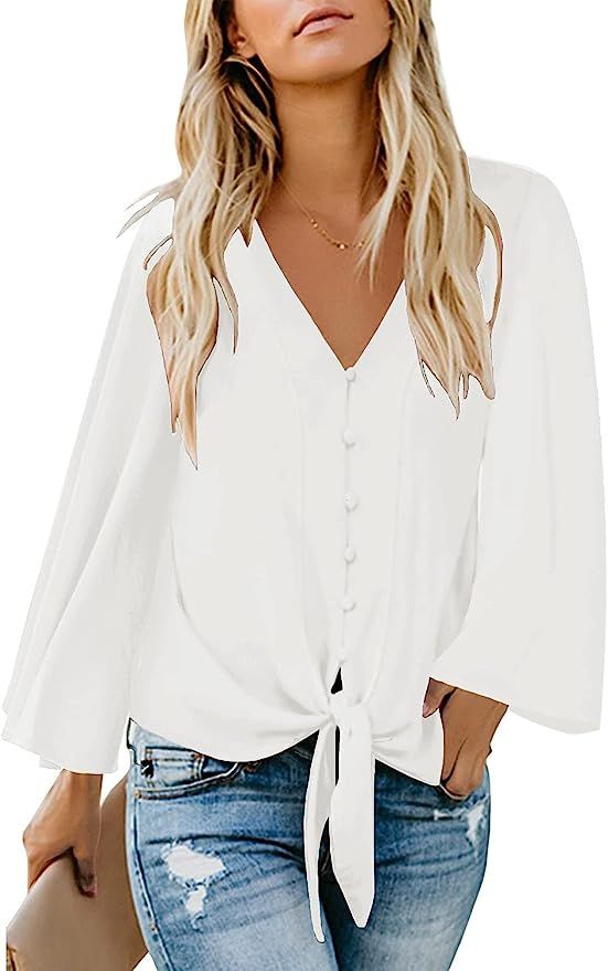 luvamia Women's V Neck Button Down Shirts Casual Long Sleeve Tie Knot Tops Blouses | Amazon (US)