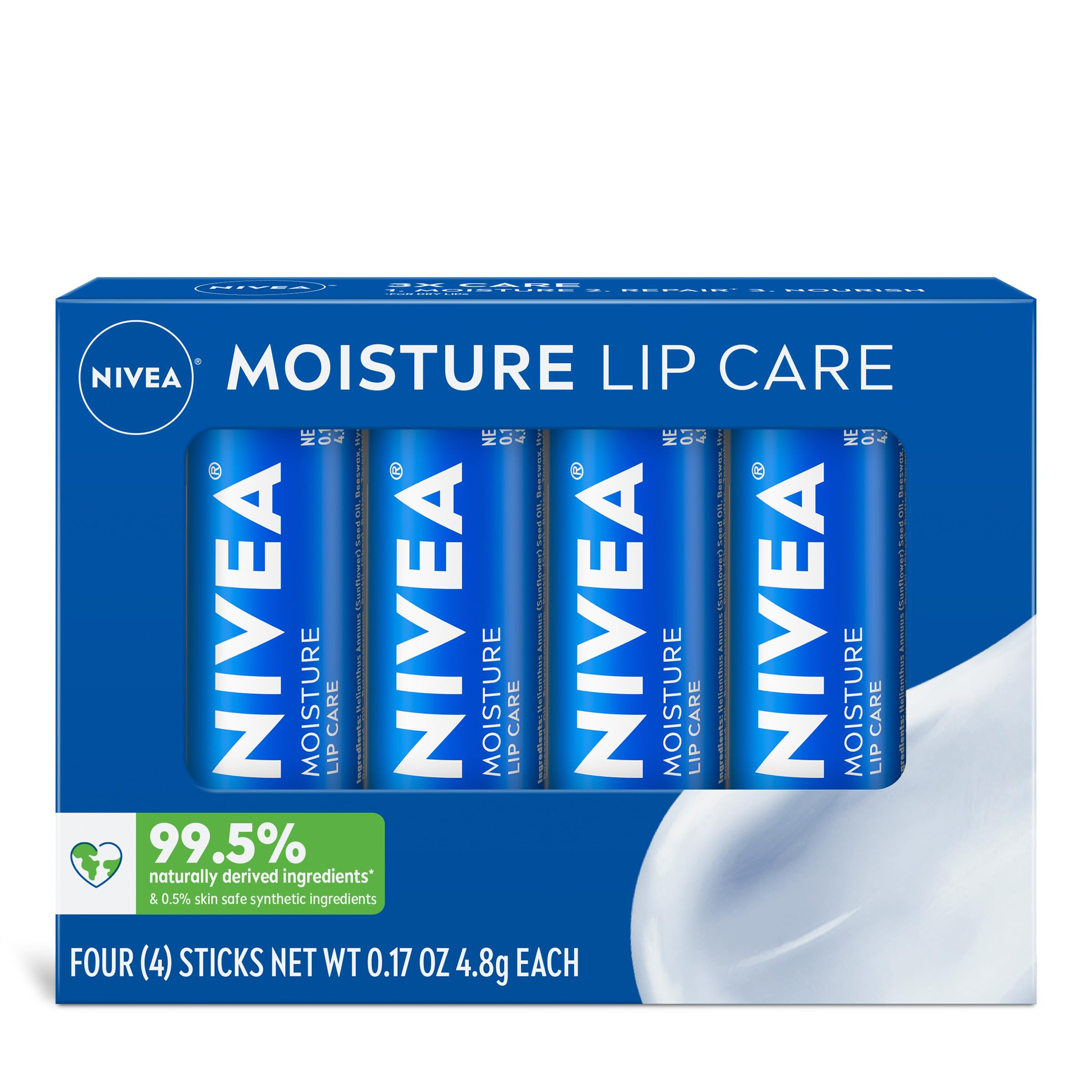 NIVEA Moisture Lip Care, Hydrating Lip Balm with Shea Butter, Nourishing Oils and Vitamin C & E, 3-in-1 Moisture, Repair and Nourish, 0.17 Oz Stick, Pack of 4 | Amazon (US)