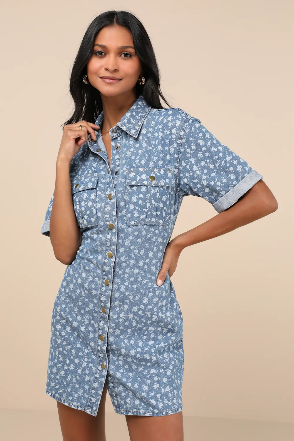 Renske Light Wash Floral Print Denim Mini Dress | Lulus