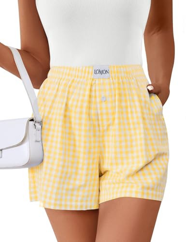 LOMON Boxer Shorts for Women Summer Cotton Pajamas 2025 Lounge Sleep Pj Striped Short Pants Y2K Beach Bottoms with Pockets (Yellow Plaid XL) | Amazon (US)