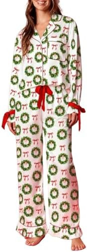 Seyurigaoka Cute Bow Christmas Pajama Sets for Women Nutcracker Santa Pj Set Silk Satin Long Slee... | Amazon (US)