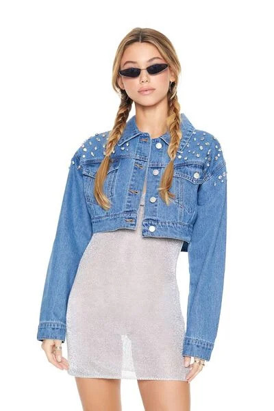 Faux Gem Cropped Denim Jacket | Forever 21