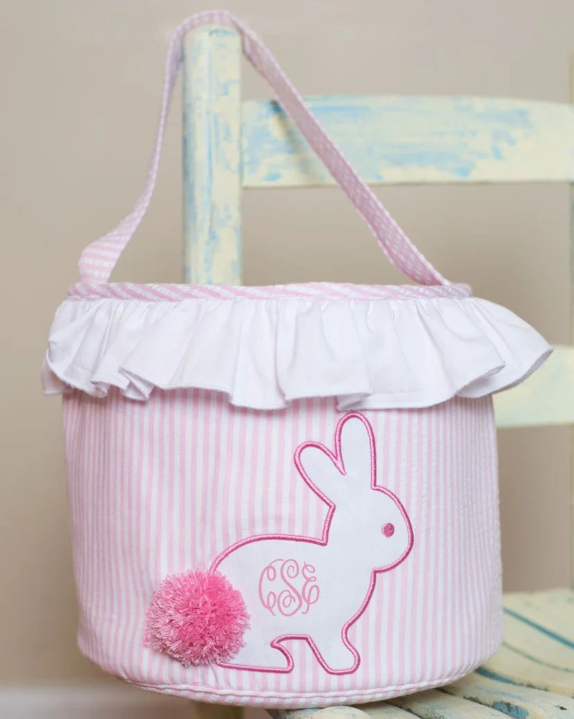 Bunny Applique Pink Seersucker Easter Basket | Smockingbird Kids